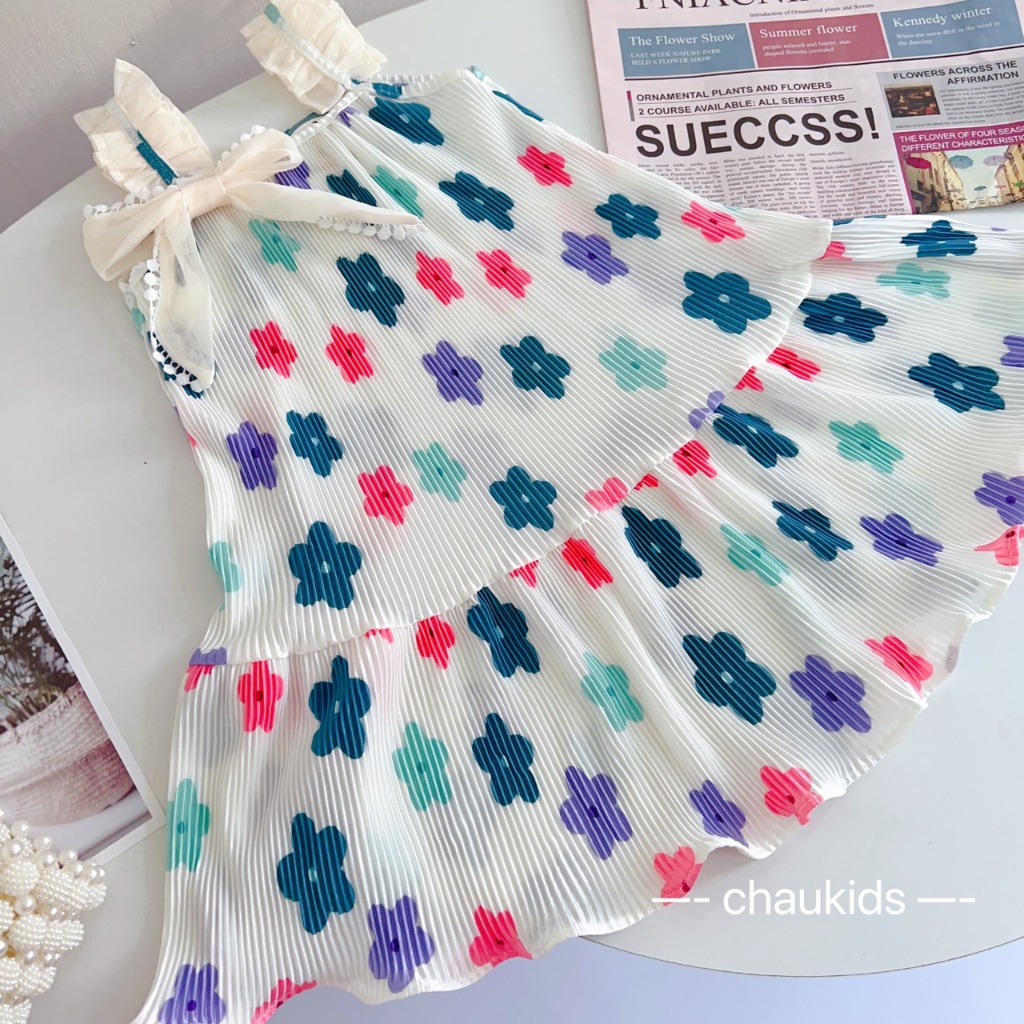 Váy bé gái 2 dây chéo lưng dáng xòe cho bé từ 8-20kg