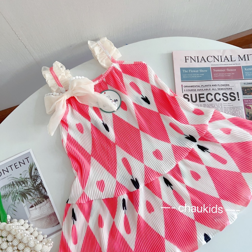 Váy bé gái 2 dây chéo lưng dáng xòe cho bé từ 8-20kg