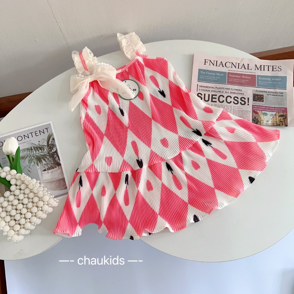 Váy bé gái 2 dây chéo lưng dáng xòe cho bé từ 8-20kg