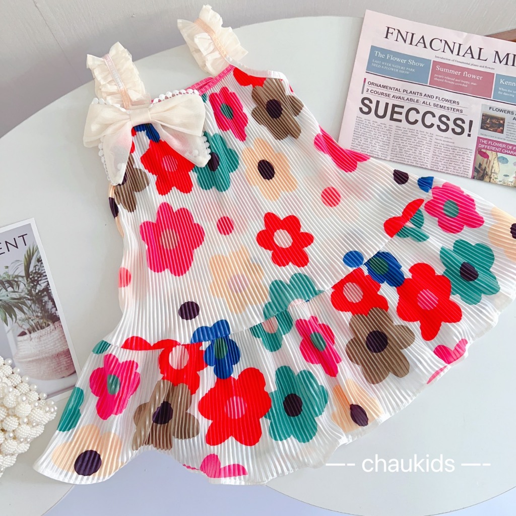 Váy bé gái 2 dây chéo lưng dáng xòe cho bé từ 8-20kg