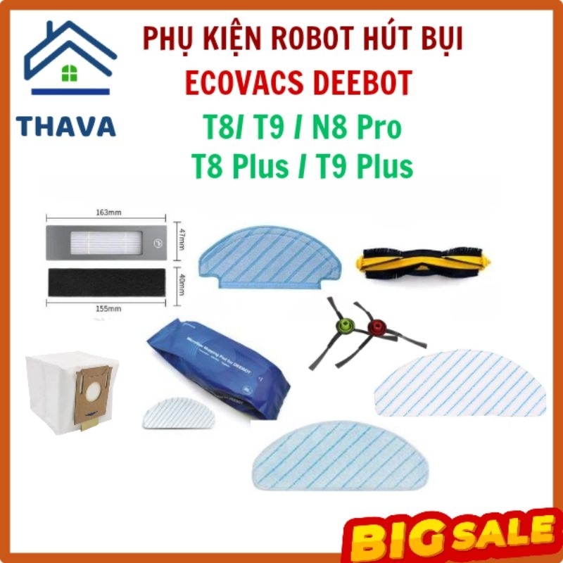 Phụ Kiện Robot Hút Bụi khăn, chổi, lọc, túi rác dòng ecovacs deebot T8 Max / T8 Aivi / N8 Pro /T9  ThaVaShop