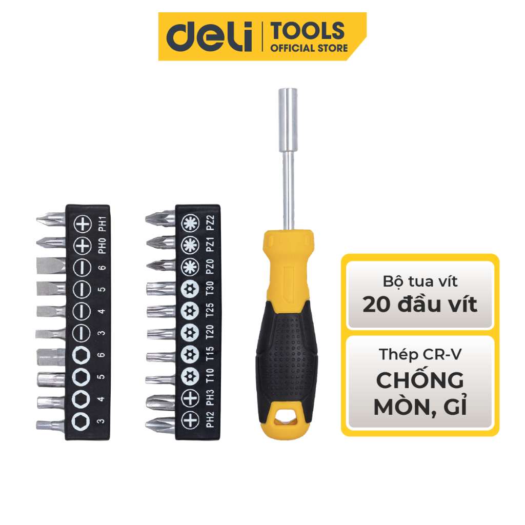 Bộ Tua Vít 20 Đầu Vít Từ Tính Đa Năng Deli Tools - Sửa Chữa Vật Dụng, Đồng Hồ, Điện Thoại - Chất Liệu Thép Chống Mòn, Gỉ