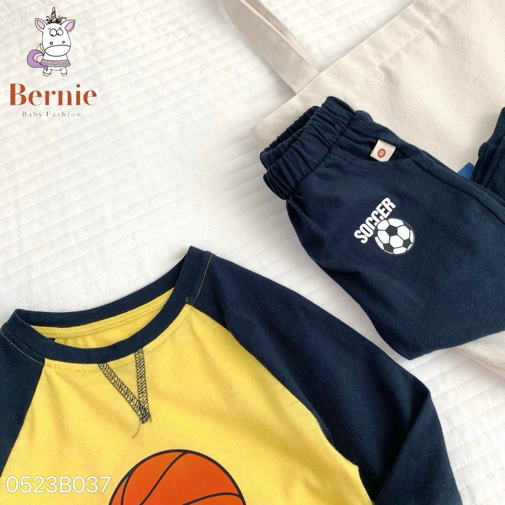 Bộ thu đông bé trai cotton mỏng bóng rổ xanh than Bernie - Bộ dài tay bé trai cotton cho bé từ 9-23kg - 0423B019