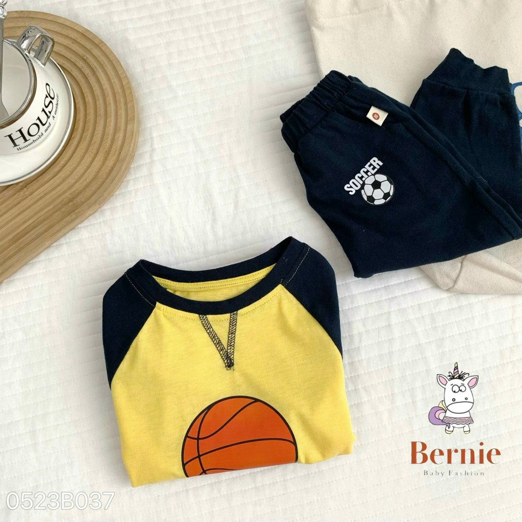 Bộ thu đông bé trai cotton mỏng bóng rổ xanh than Bernie - Bộ dài tay bé trai cotton cho bé từ 9-23kg - 0423B019
