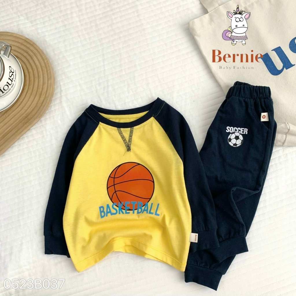 Bộ thu đông bé trai cotton mỏng bóng rổ xanh than Bernie - Bộ dài tay bé trai cotton cho bé từ 9-23kg - 0423B019