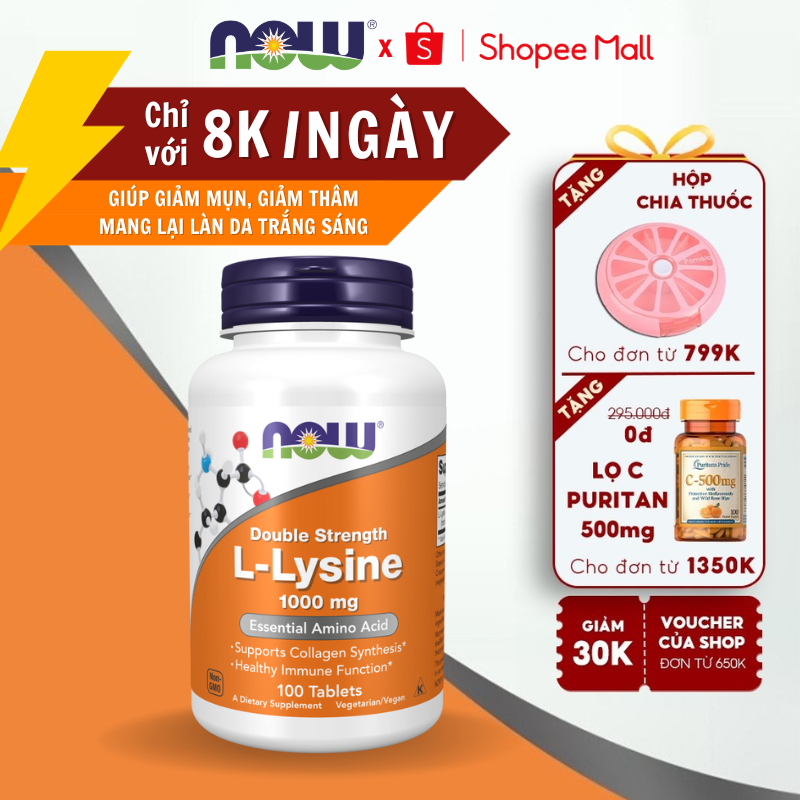 Viên uống tăng sinh collagen Now L-Lysine 500mg/L-Lysine 1000mg giúp giảm mụn đẹp da 100 viên