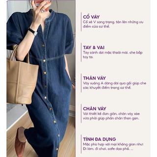 Váy Denim Cổ Xẻ V Dáng Dài Phom Suông Basic