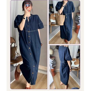 Váy Denim Cổ Xẻ V Dáng Dài Phom Suông Basic