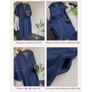 Váy Denim Cổ Xẻ V Dáng Dài Phom Suông Basic