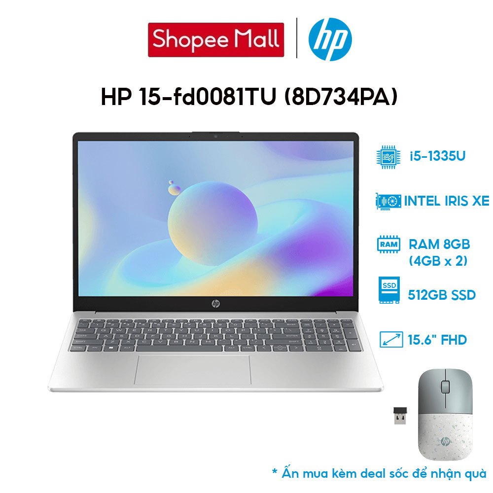 Laptop HP 15-fd0081TU 8D734PA i5-1335U | 8GB | 512GB | Intel Iris Xe Graphics | 15.6' FHD | Win 11