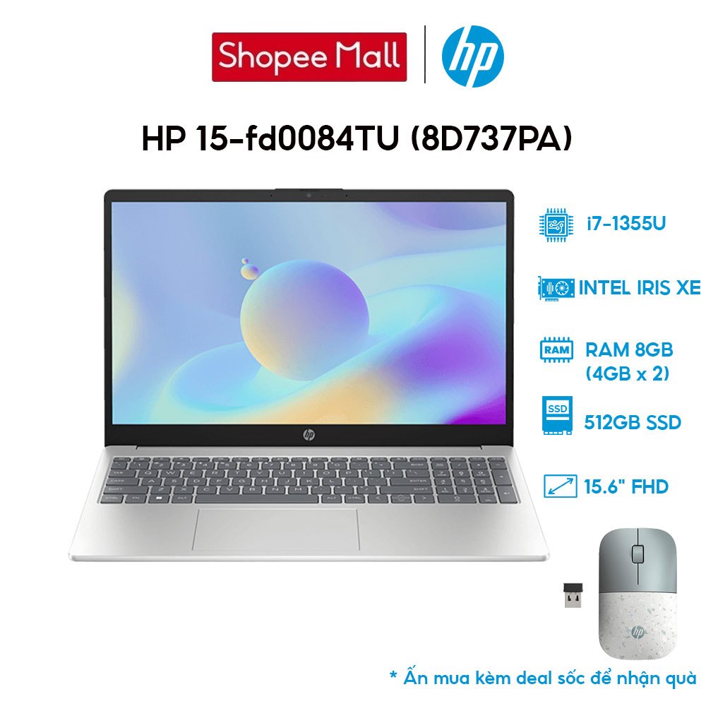 Laptop HP 15-fd0084TU 8D737PA i7-1355U | 8GB | 512GB | Intel Iris Xe Graphics | 15.6' FHD | Win 11