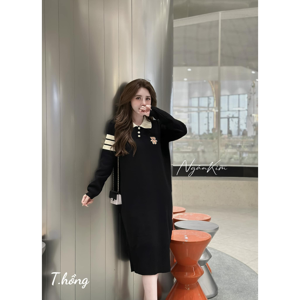 Váy len suông thêu gấu cổ bẻ tay dài sọc qc