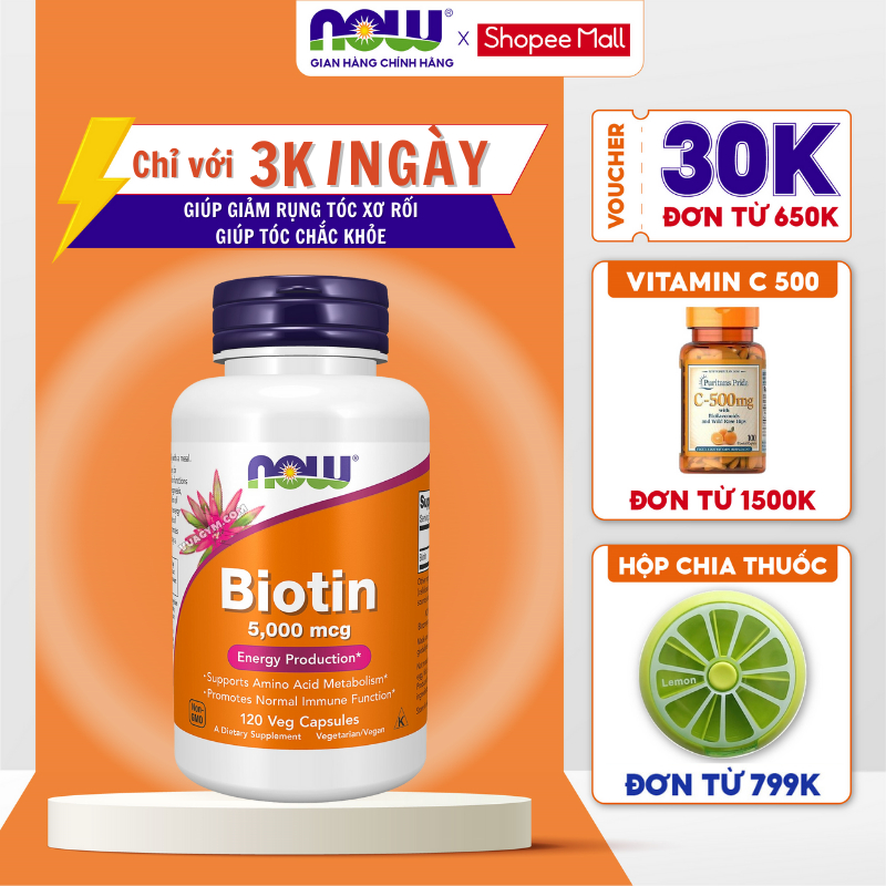 Viên uống giảm rụng tóc làm trắng da Now Biotin 5000mcg 120 viên