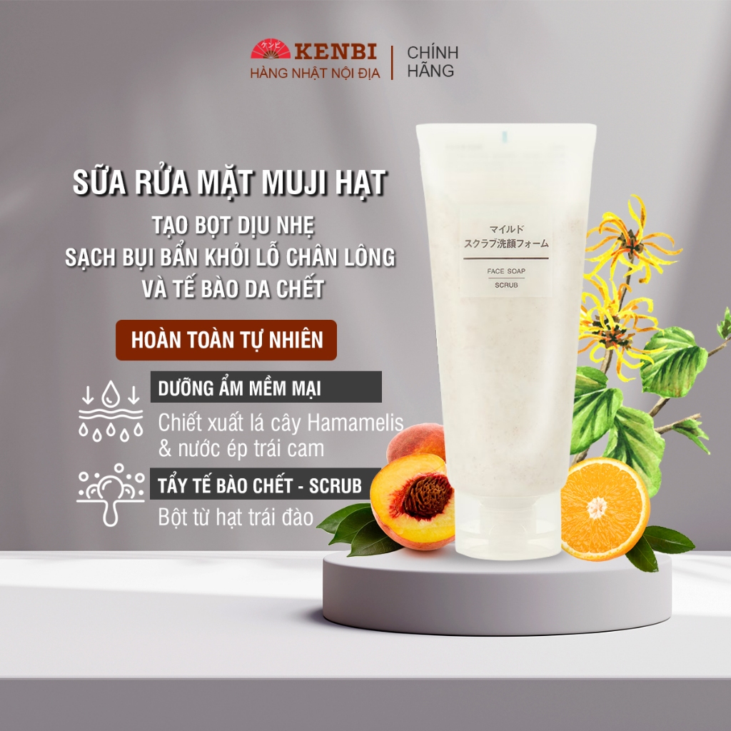 Sữa rửa mặt MUJI Face Soap (Có hạt), tạo bọt dịu nhẹ, sạch da, giữ ẩm, Tuýp 120g - Hàng nội địa Nhật Bản