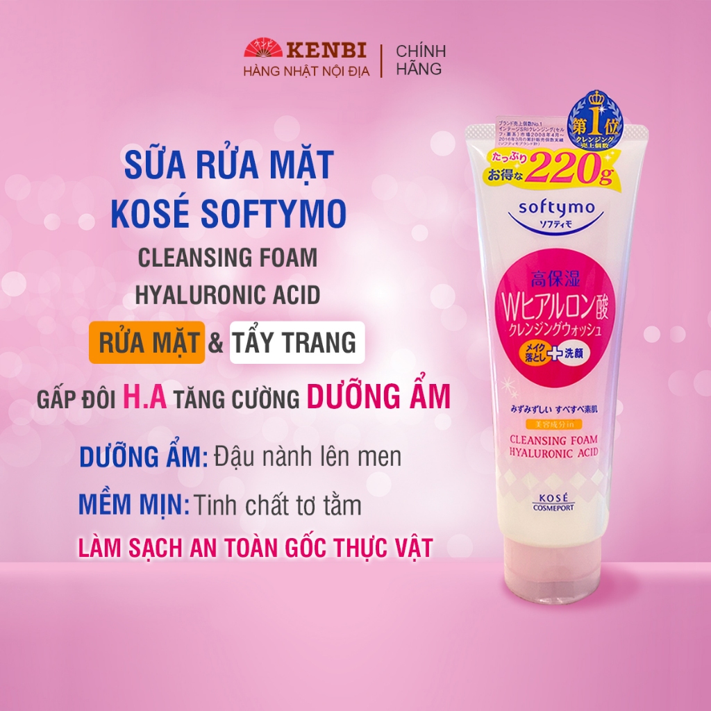 Sữa rửa mặt Kose Softymo Hồng -Tuýp 220g, 2in1 Rửa mặt và tẩy trang, gấp đôi H.A dưỡng ẩm sâu, làm sạch bã nhờn, bụi bẩn