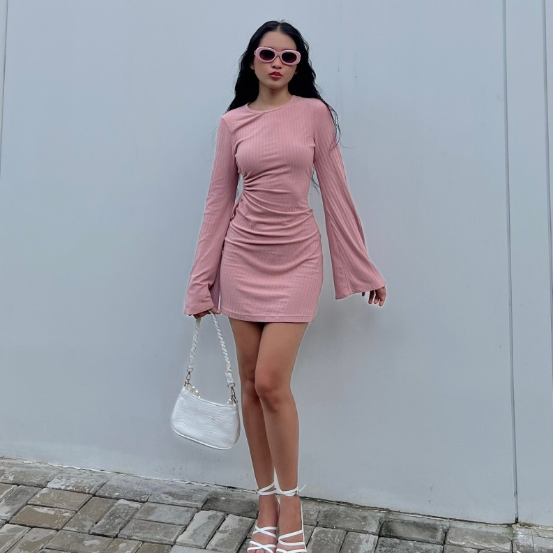 Đầm Maybi ôm thun gân cutout rút nhún nơ eo