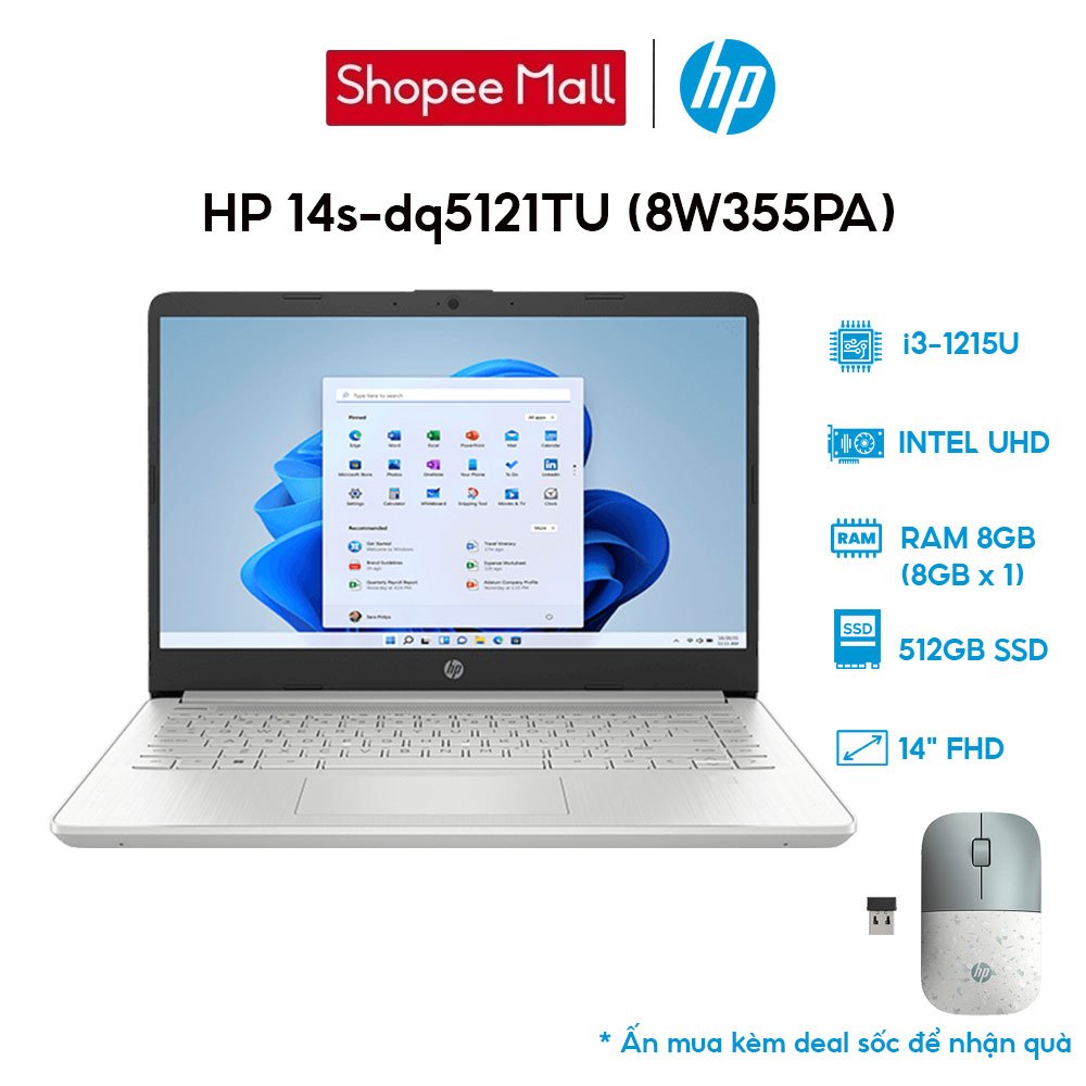 [Mã ELHP12 giảm 12%] Laptop HP 14s-dq5121TU 8W355PA i3-1215U | 8GB | 512GB | Intel UHD Graphics | 14' FHD | Win 11