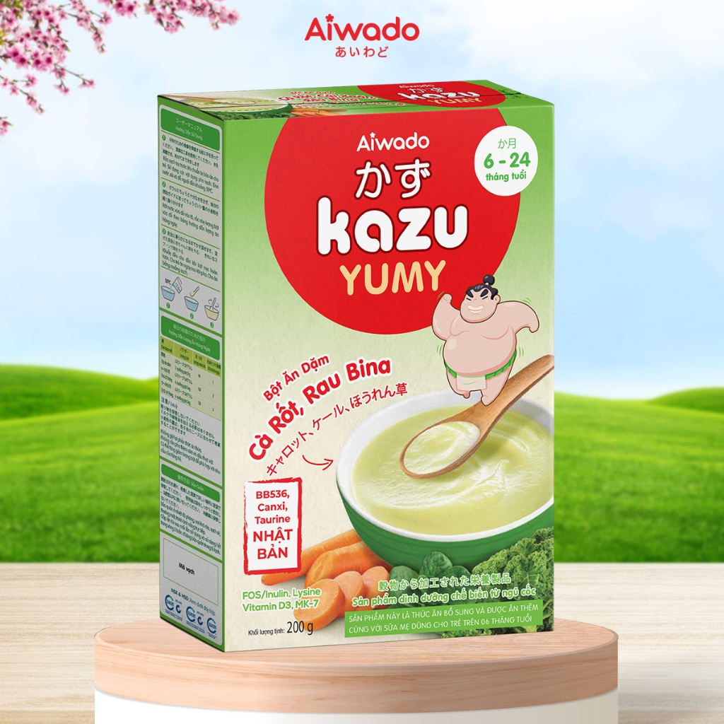 Bột ăn dặm Aiwado Kazu Yumy cà rốt, cải xoăn 200g (trên 4 tháng)