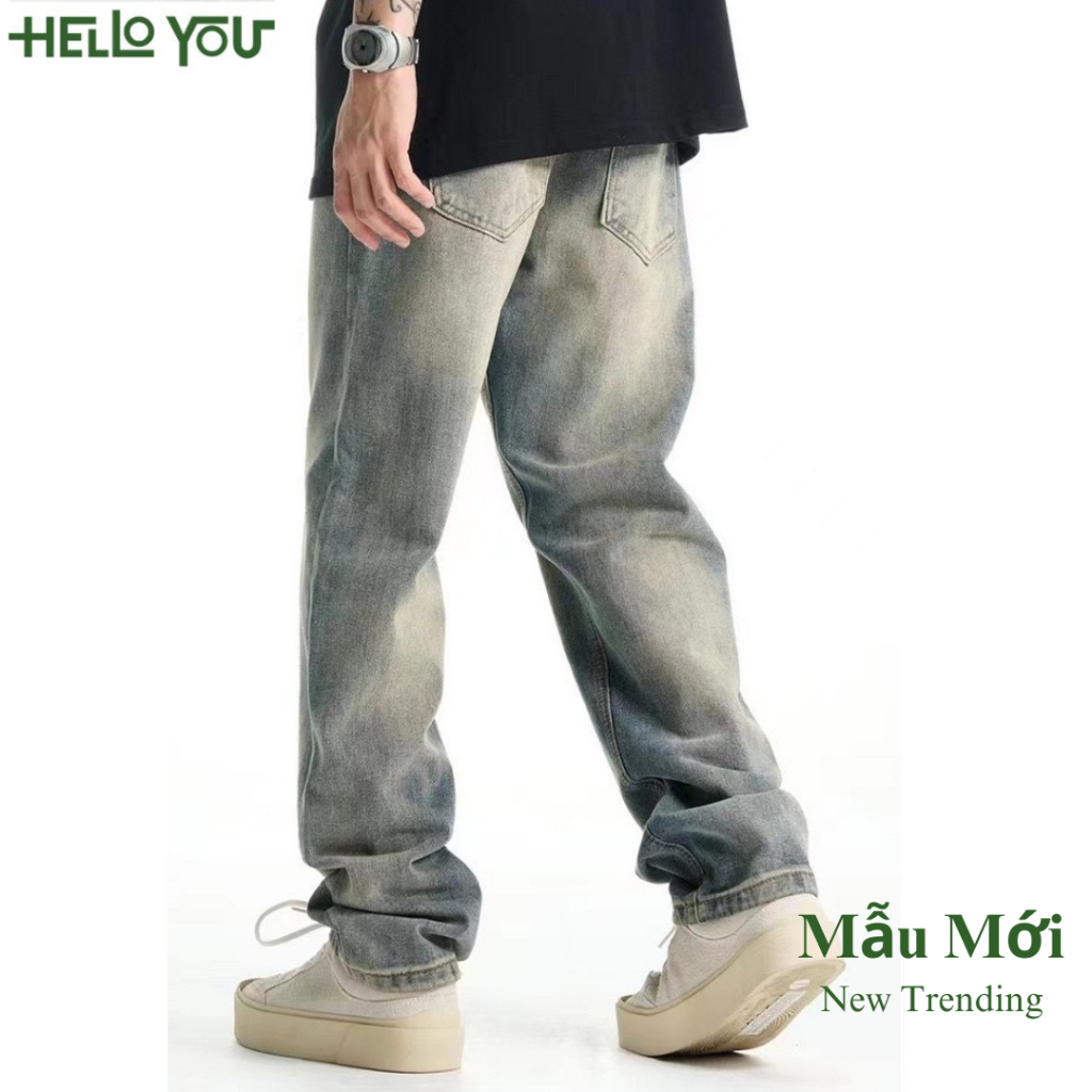 Quần jean nam retro baggy CẠP CAO ống suông rộng HELLOYOU, quần bò nam đen loang chất jeans cao cấp top xu hướng 2023