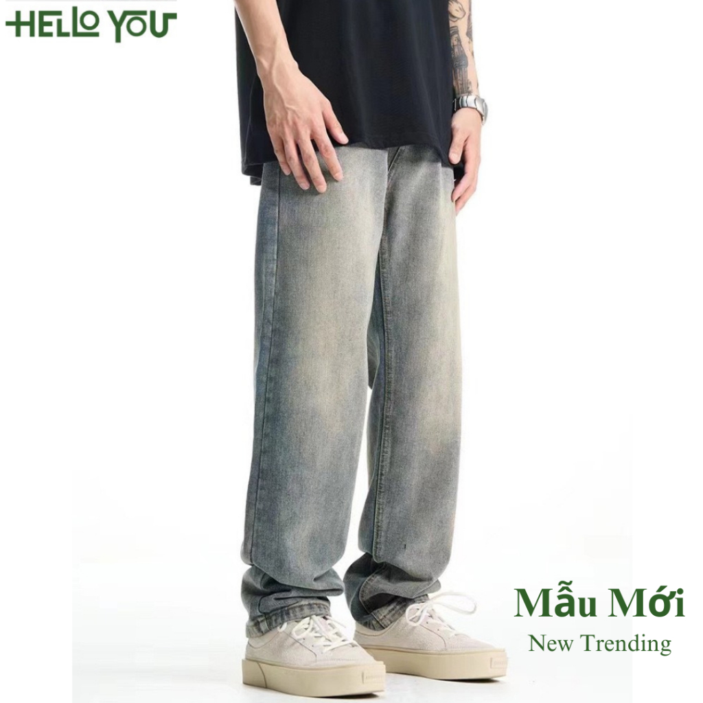 Quần jean nam retro baggy CẠP CAO ống suông rộng HELLOYOU, quần bò nam đen loang chất jeans cao cấp top xu hướng 2023
