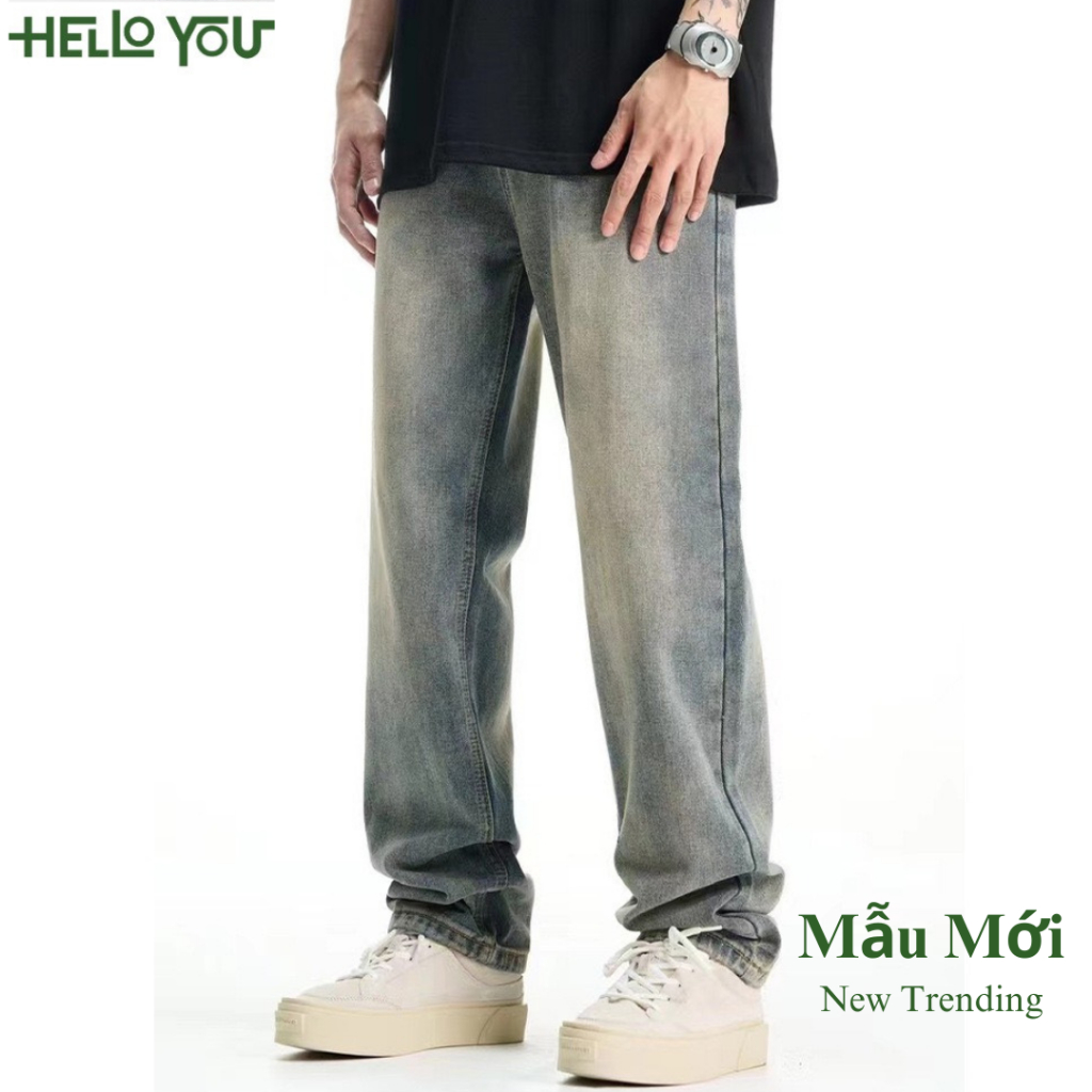 Quần jean nam retro baggy CẠP CAO ống suông rộng HELLOYOU, quần bò nam đen loang chất jeans cao cấp top xu hướng 2023