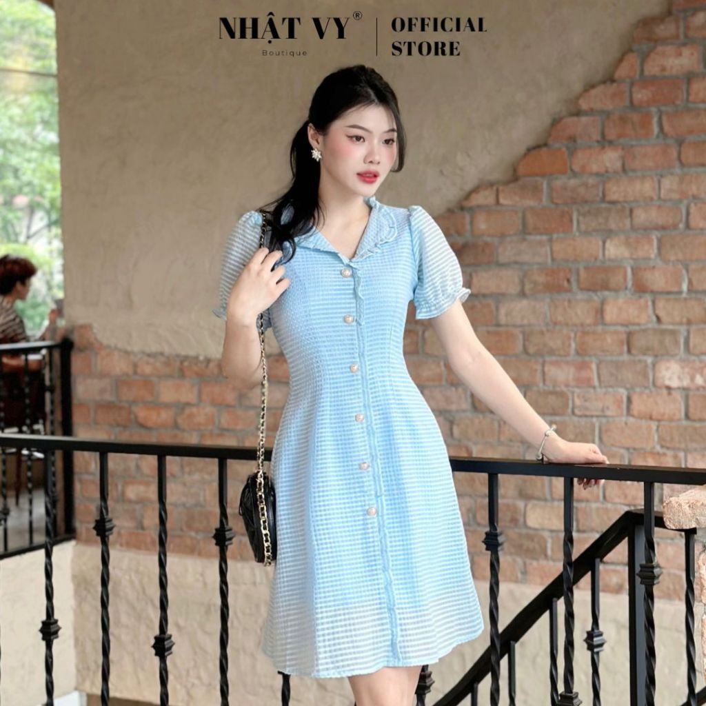 Đầm dự tiệc Nhật Vy cổ nhún bèo cách điệu form dáng ôm tay bo thun chất vải sọc xốp phù hợp công sở đi chơi - D2852