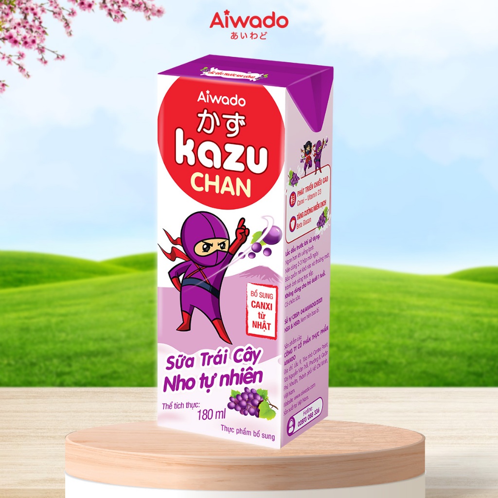 Aiwado Kazu Chan - Sữa trái cây Nho tự nhiên (Thùng 48 hộp 180ml)