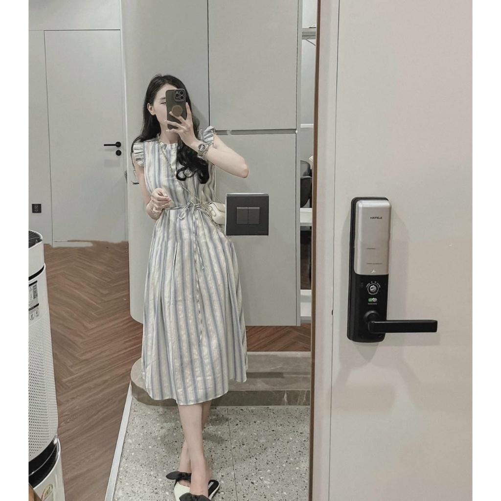 Váy bầu, váy babydoll kẻ thiết kế tay cánh tiên xinh xắn