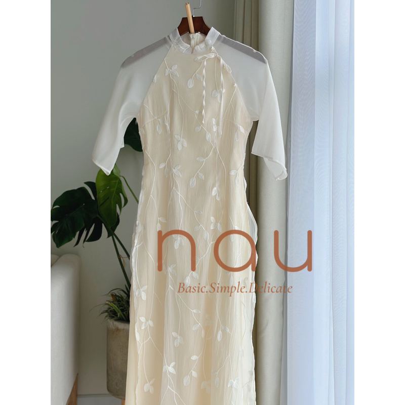 Áo dài voan tơ thêu kèm sẵn quần