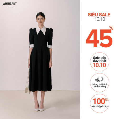 Đầm Xòe tay Bồng Phối Cổ Nữ White Ant, Hàng Thiết Kế Cao Cấp KARAMAT A-LINE DRESS 120400215