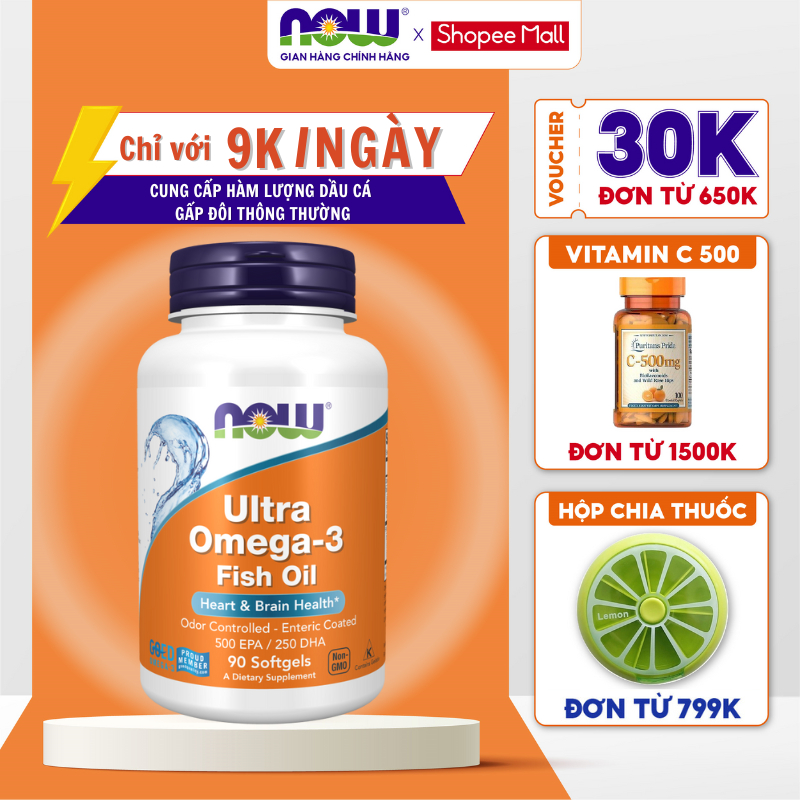 Viên uống dầu cá Now Ultra Omega-3 500 EPA/250 DHA bổ mắt tăng đề kháng 90 viên