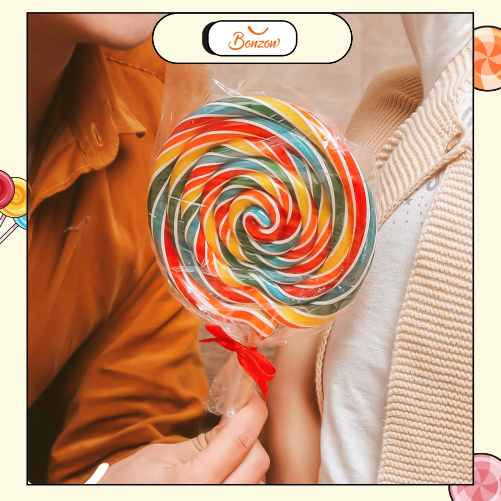 Kẹo mút cầu vồng hương trái cây tổng hợp lolipop to khổng lồ 12cm - Kẹo que handmade Bonzon Candy