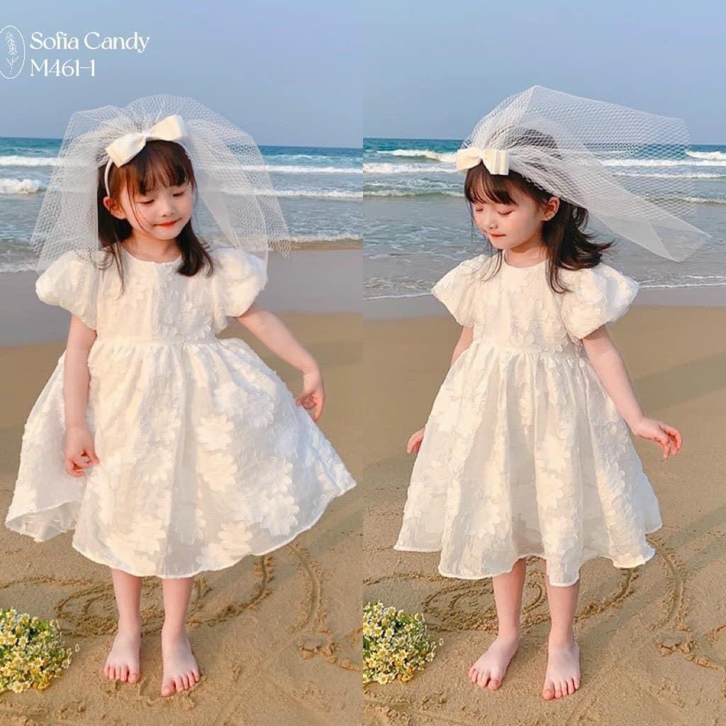 Đầm trắng công chúa tay phồng, đầm voan tơ hoa trắng thiết kế phối nơ size 9-30kg