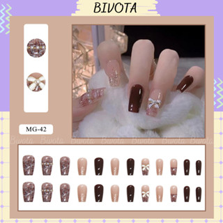 Móng tay giả Bivota nail giả đính nơ họa tiết vải dạ sang chảnh MG42