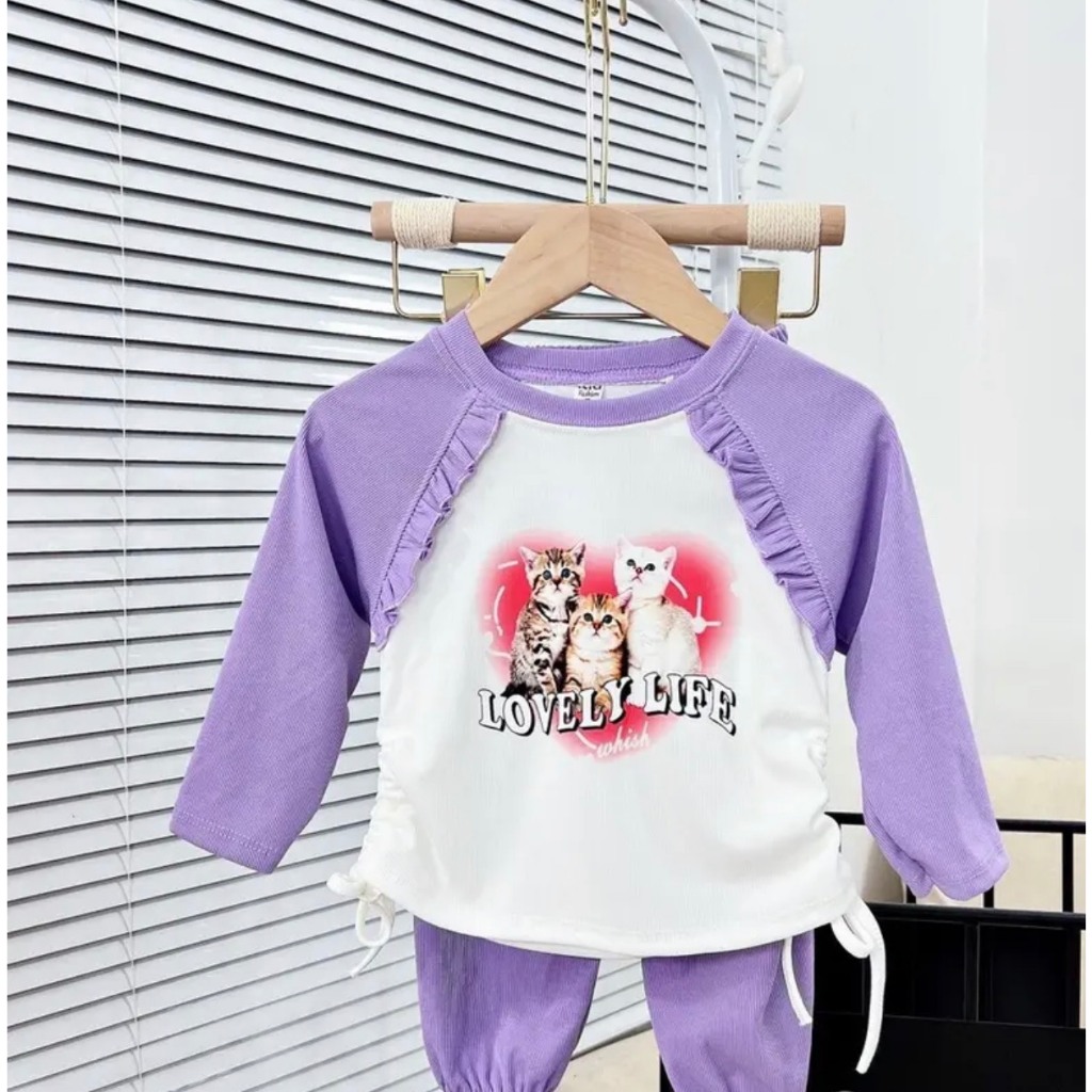 Bộ quần áo dài tay bé gái in 3 chú mèo