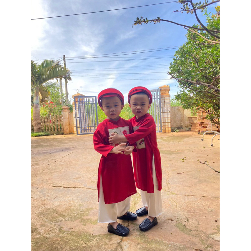 Áo dài cho bé thiết kế Hoa mai, bánh, dưa hấu, bao lixi kèm nón