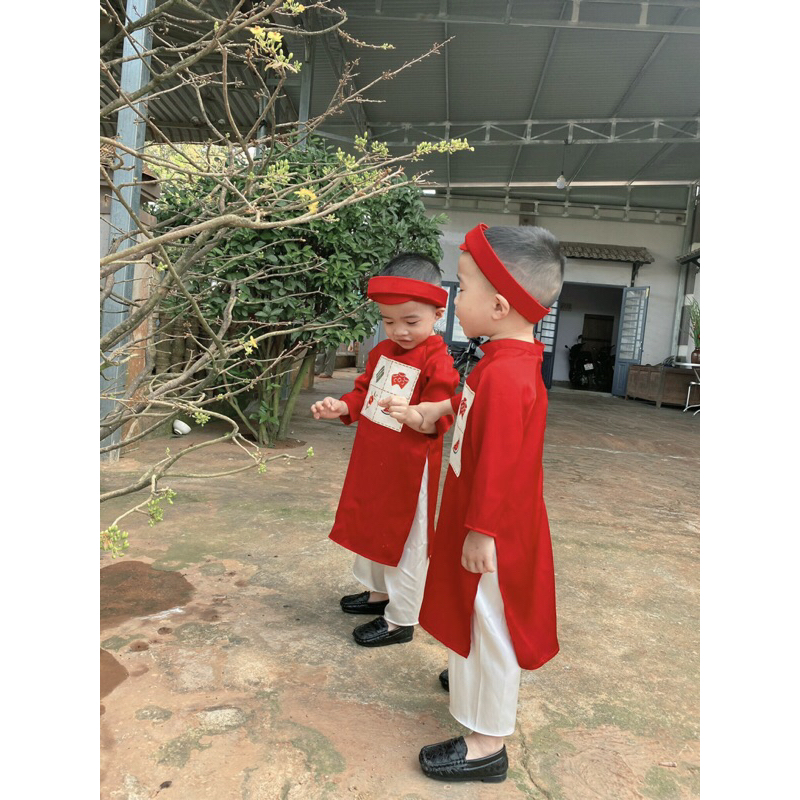 Áo dài cho bé thiết kế Hoa mai, bánh, dưa hấu, bao lixi kèm nón