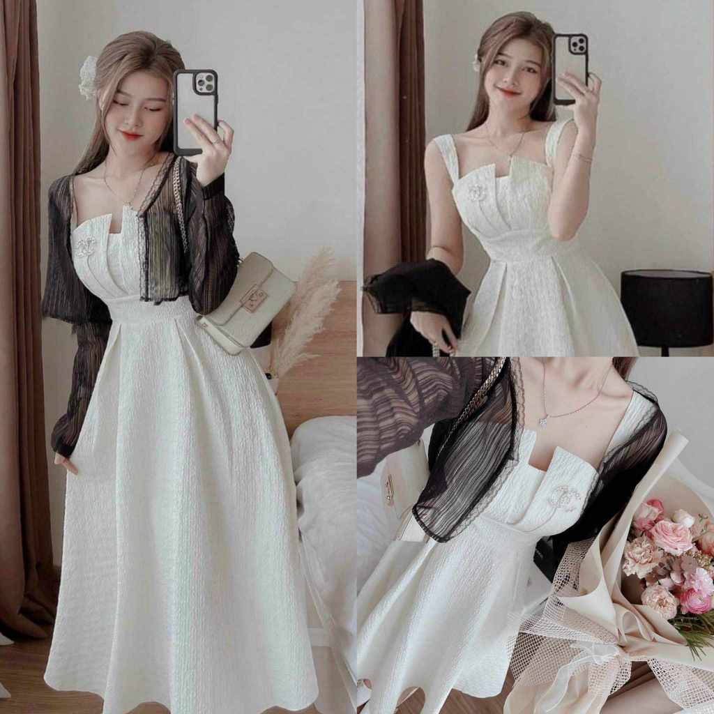 Đầm Nữ có áo khoác đen ren sang trọng quý phái thích hợp đi tiệc