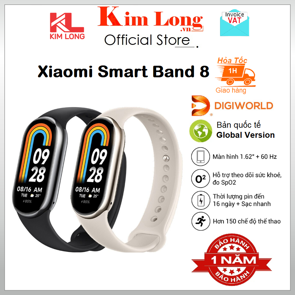 Miband 8 - Vòng đeo tay thông minh Xiaomi Smart Band 8 Bản quốc tế Tiếng Việt - Hàng chính hãng