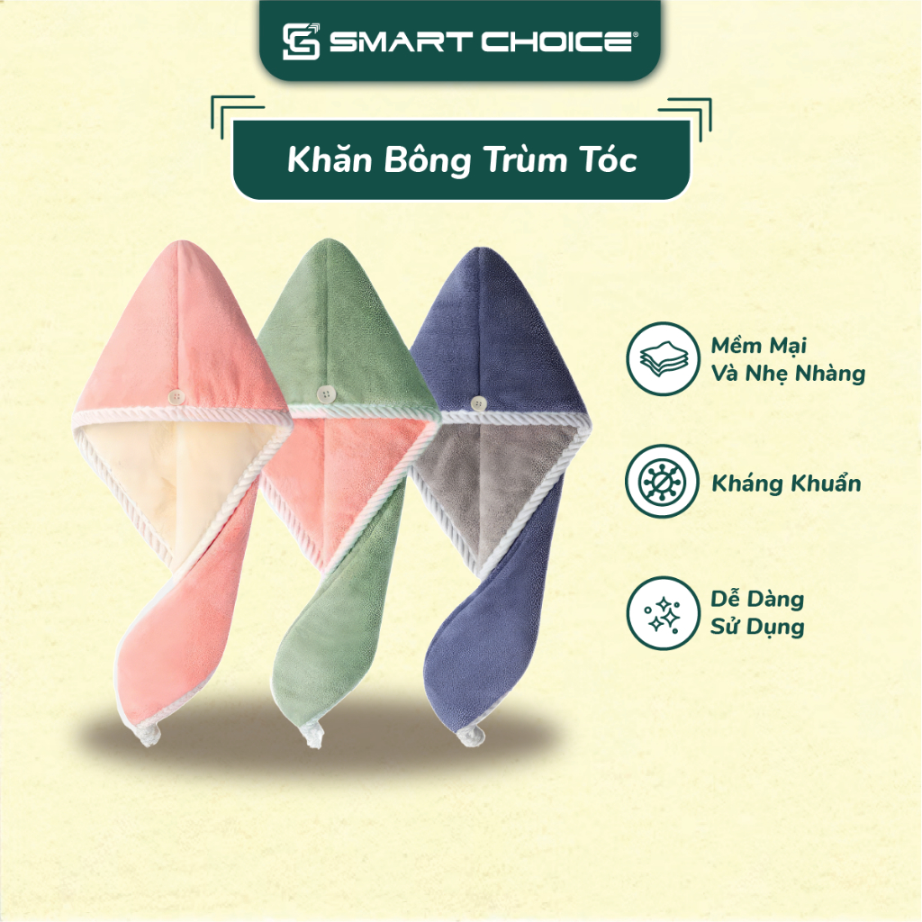 Khăn Quấn Tóc SMARTCHOICE 3 Màu, Mũ Trùm Tóc 2 Lớp Lông Cừu San Hô Cao Cấp SCG-PK127
