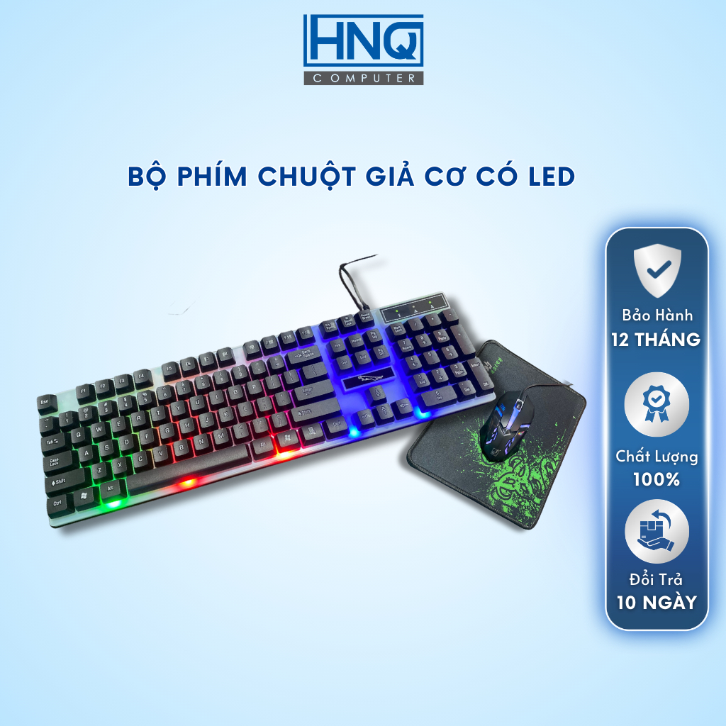 Bàn phím máy tính gaming giả cơ có đèn led HNQ Computer chuyên cho chơi game kèm chuột và lót