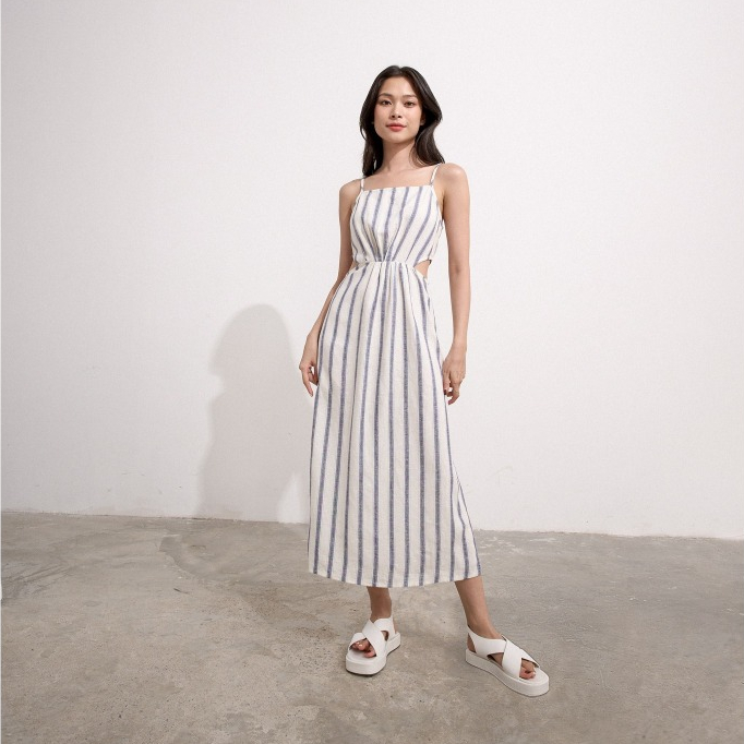 Đầm 2 dây Maybi midi ôm linen cutout eo