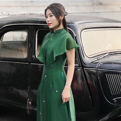 Áo dài thiết kế phủ vai thanh tao organza 4 tà hiện đại kèm quần Callene (CC480)