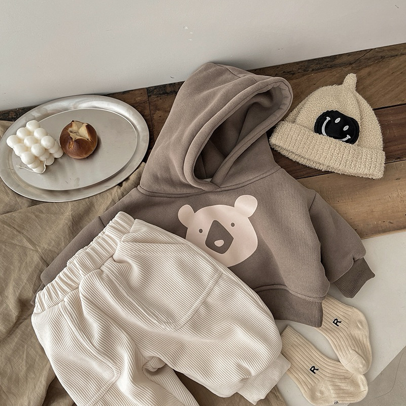 Áo hoodie lót nỉ nhung dày ấm hoạ tiết mặt gấu 2 màu cho bé-A34
