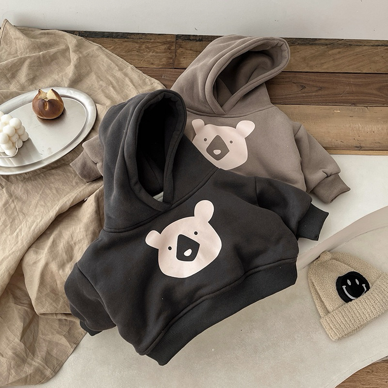 Áo hoodie lót nỉ nhung dày ấm hoạ tiết mặt gấu 2 màu cho bé-A34