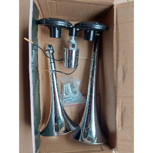 Còi hơi -kèn hơi 2 loa inox ô tô 12v - 24v cho xe có bình hơi