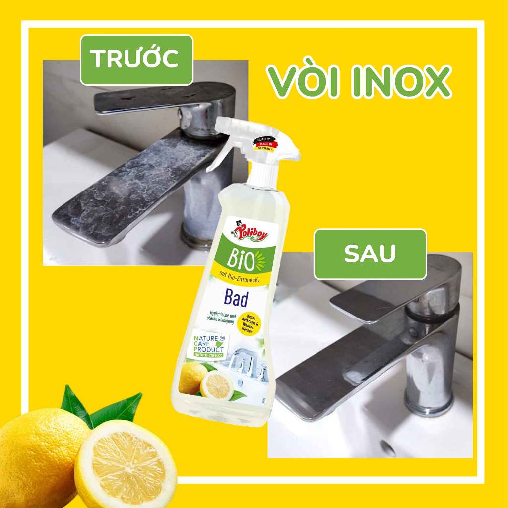 Xịt Tẩy Cặn Canxi Nhà Tắm POLIBOY BIO Tẩy Cặn Vôi, Làm Sạch Vách Kính, Vòi Inox, Vòi Rửa, Vòi Sen, Gạch Lát 500ml