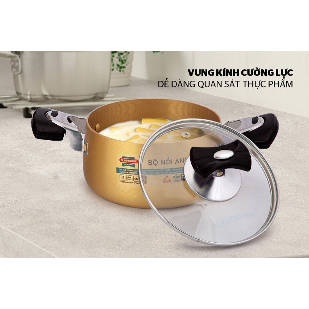 Bộ 3 Nồi Nhôm Anod SUNHOUSE SH6634N 16-20-24cm Dùng Với Bếp Ga Bếp Hồng Ngoại Không Dùng Trên Bếp Từ