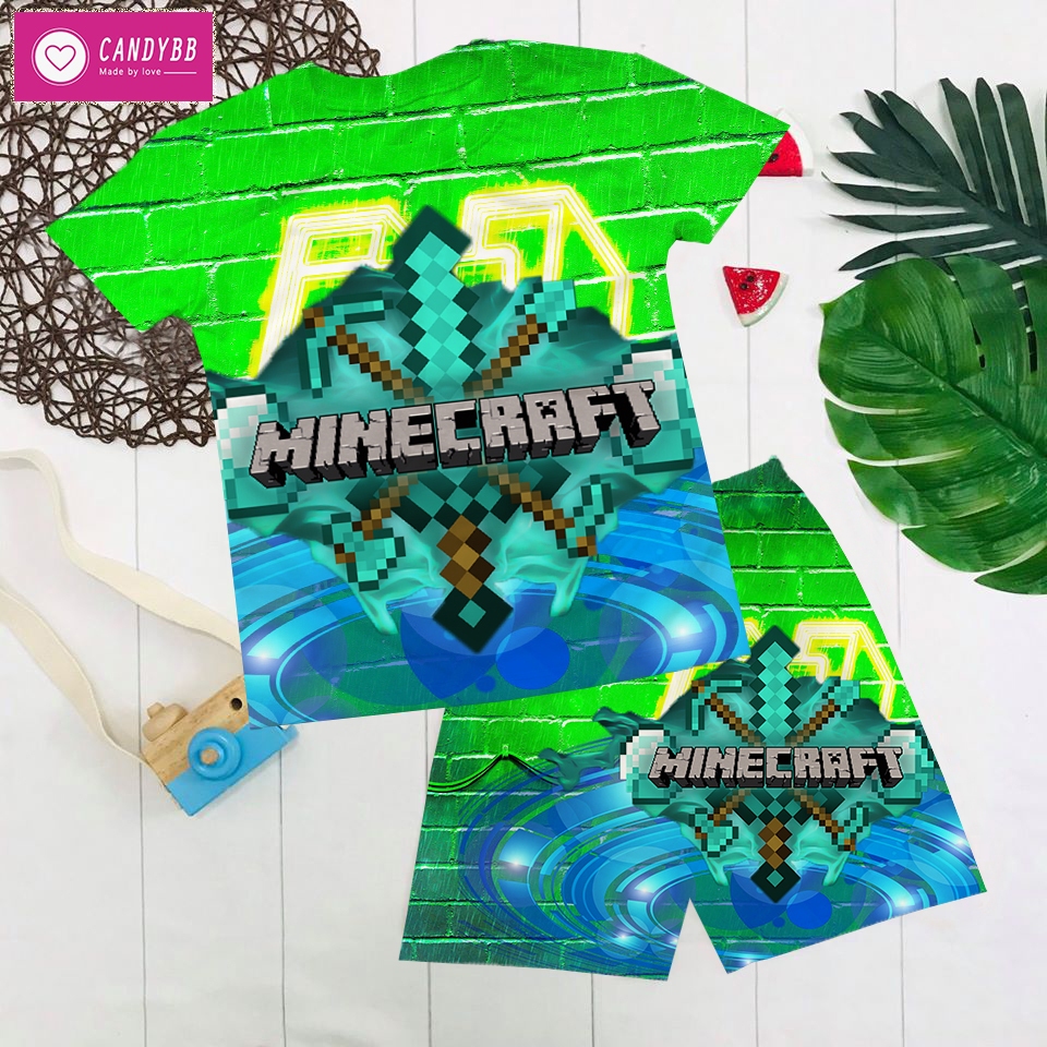 Đồ bộ bé trai, Bộ thun lạnh cộc tay bé trai in 3D hình Minecraft siêu đẹp có size đại 10kg - 60kg