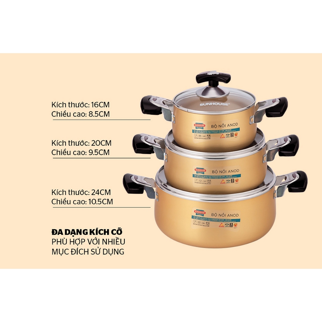 Bộ nồi anod Sunhouse SH6634N kích thước 16-20-24cm